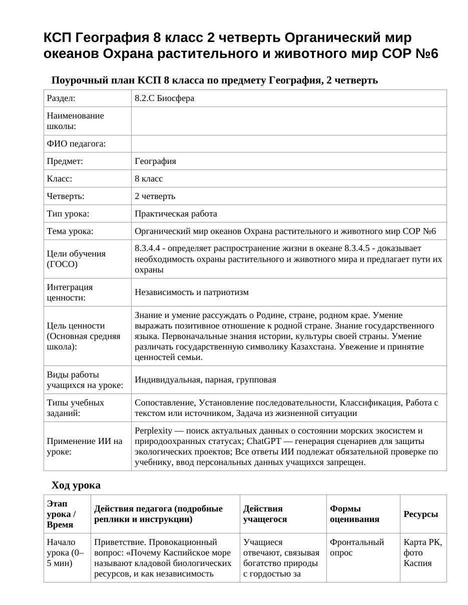 КСП География 8 класс 2 четверть Органический мир океанов Охрана растительного и животного мир СОР №6