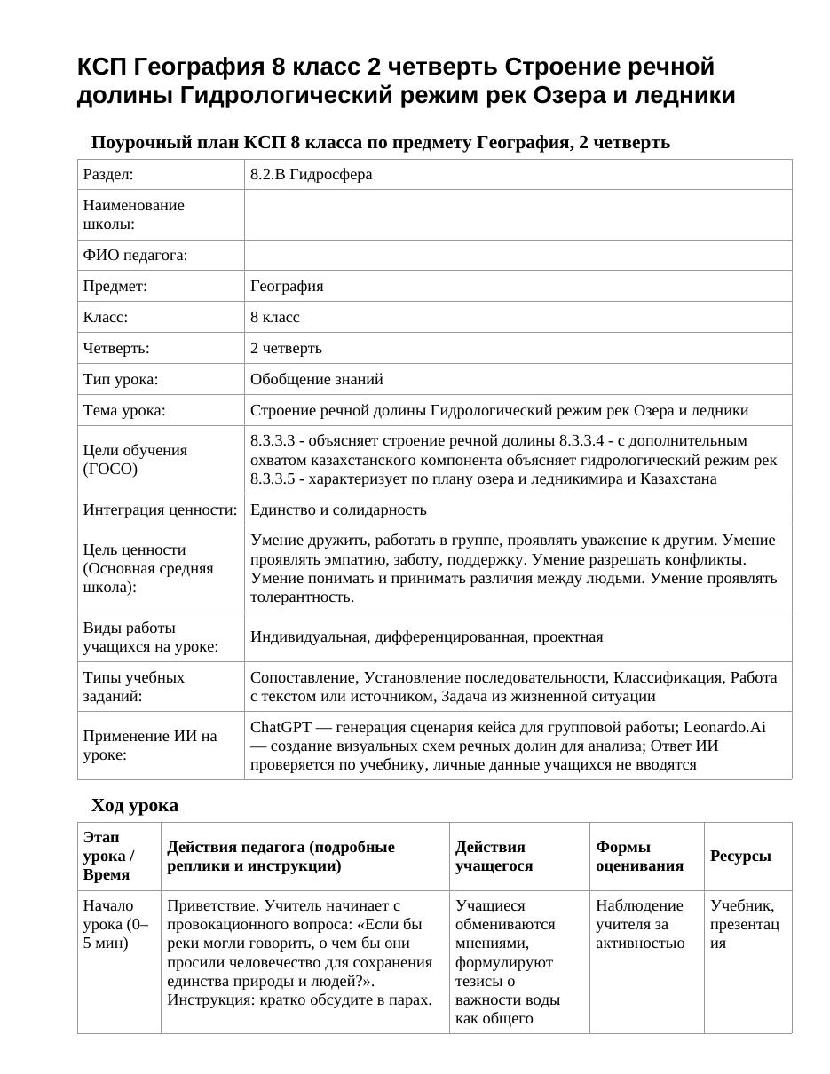 КСП География 8 класс 2 четверть Строение речной долины Гидрологический режим рек Озера и ледники
