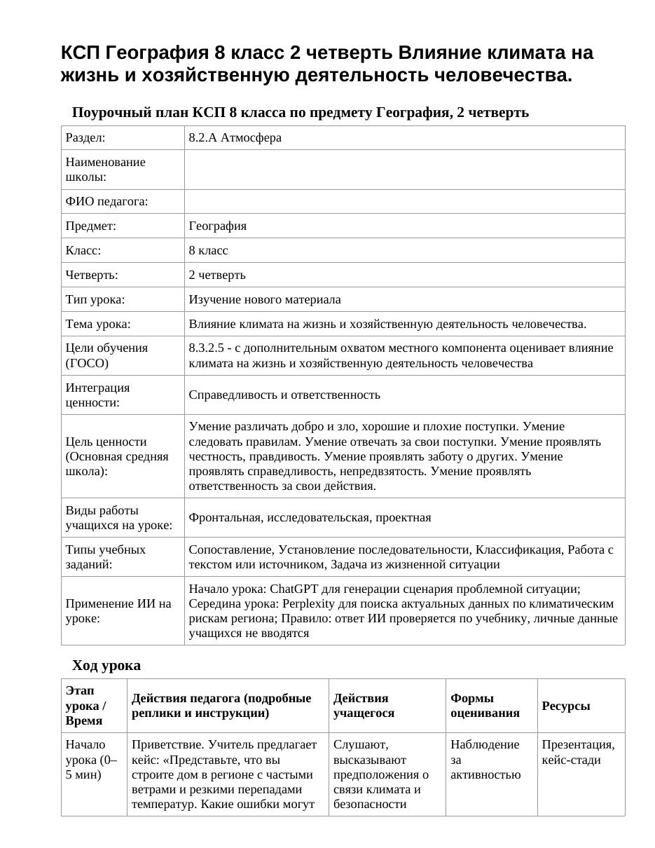 КСП География 8 класс 2 четверть Влияние климата на жизнь и хозяйственную деятельность человечества.