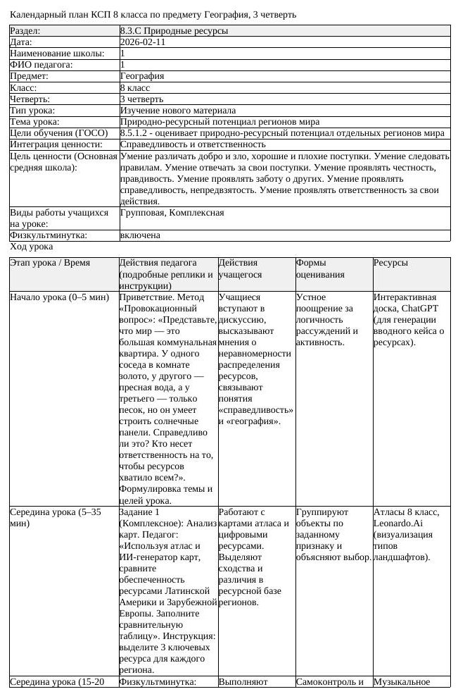 КСП География 8класс 3четверть Природно ресурсный потенциал регионов