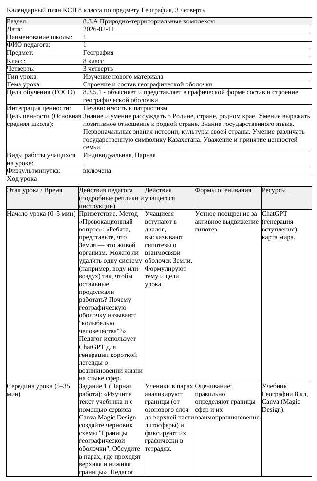 КСП География 8 класс 3 четверть Строение и состав географической