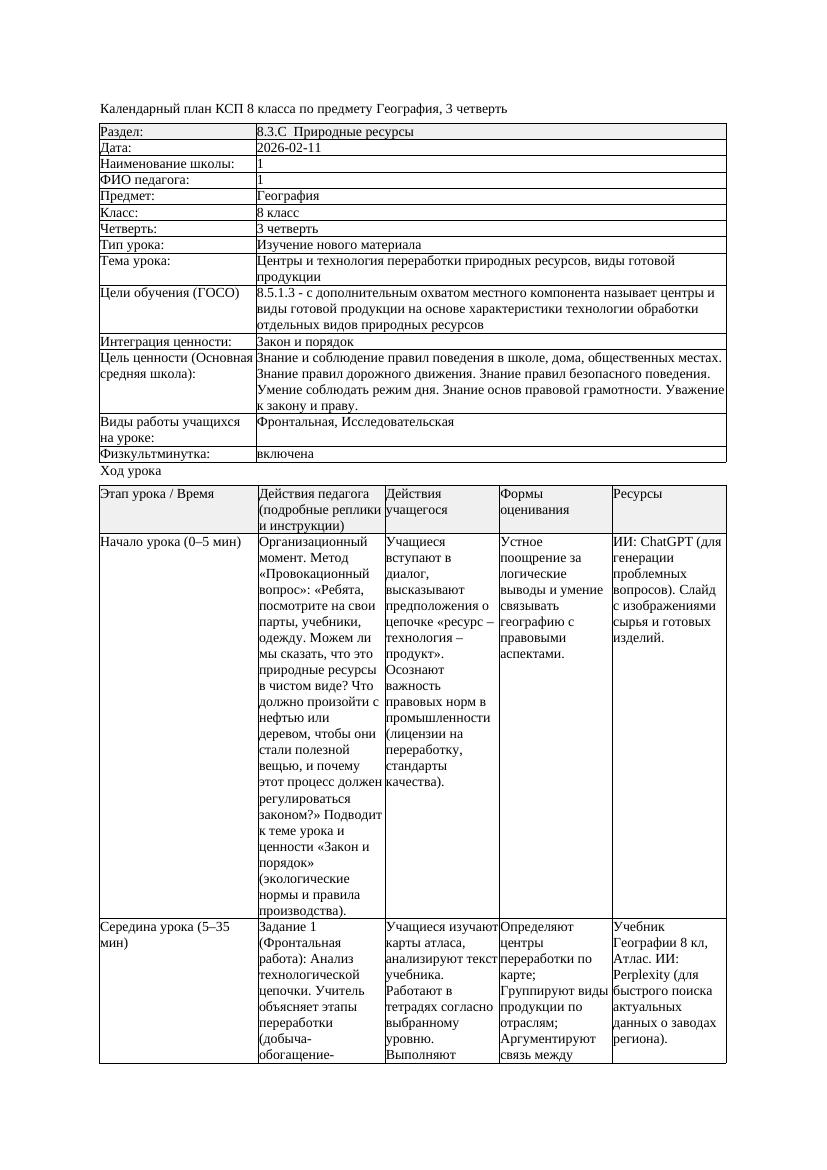 КСП География 8класс 3четверть Центры и технология переработки природных
