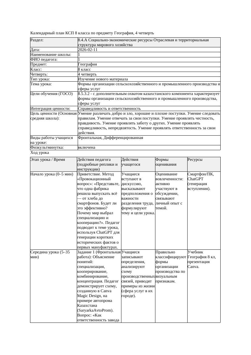 КСП География 8класс 4четверть Формы организации сельскохозяйственного