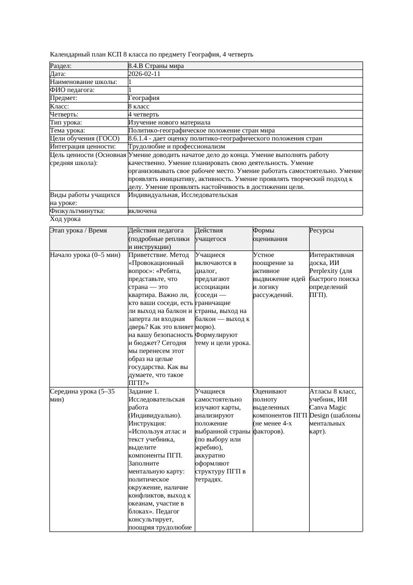 КСП География 8класс 4четверть Политико географическое положение