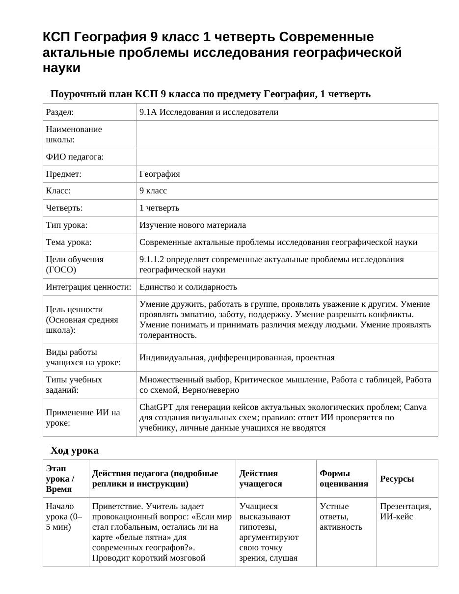 КСП География 9 класс 1 четверть Современные актальные проблемы исследования географической науки