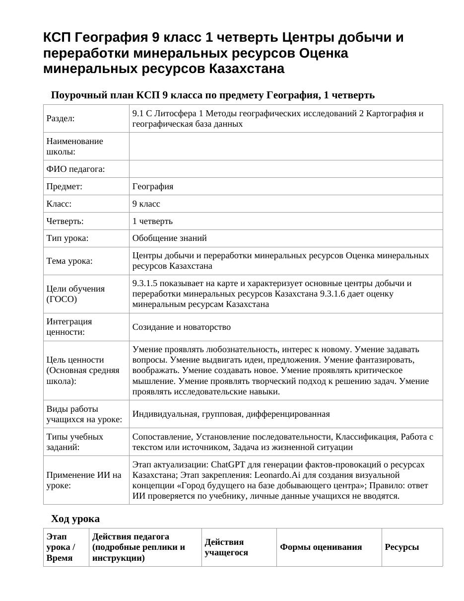 КСП География 9 класс 1 четверть Центры добычи и переработки минеральных ресурсов Оценка минеральных ресурсов Казахстана