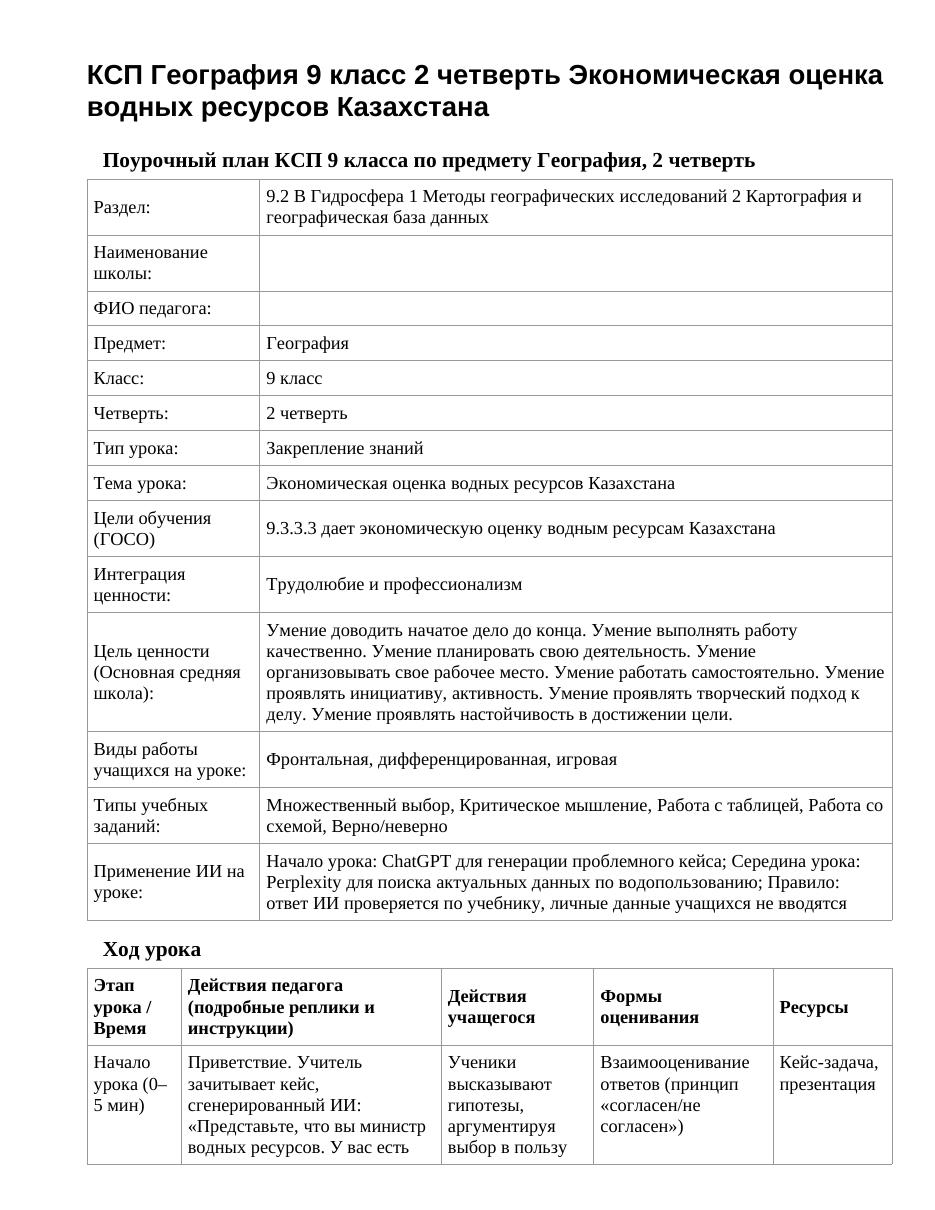 КСП География 9 класс 2 четверть Экономическая оценка водных ресурсов Казахстана