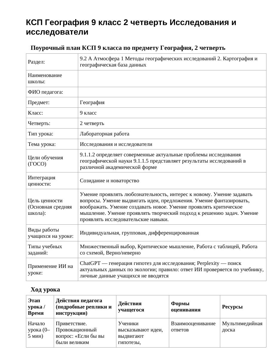 КСП География 9 класс 2 четверть Исследования и исследователи