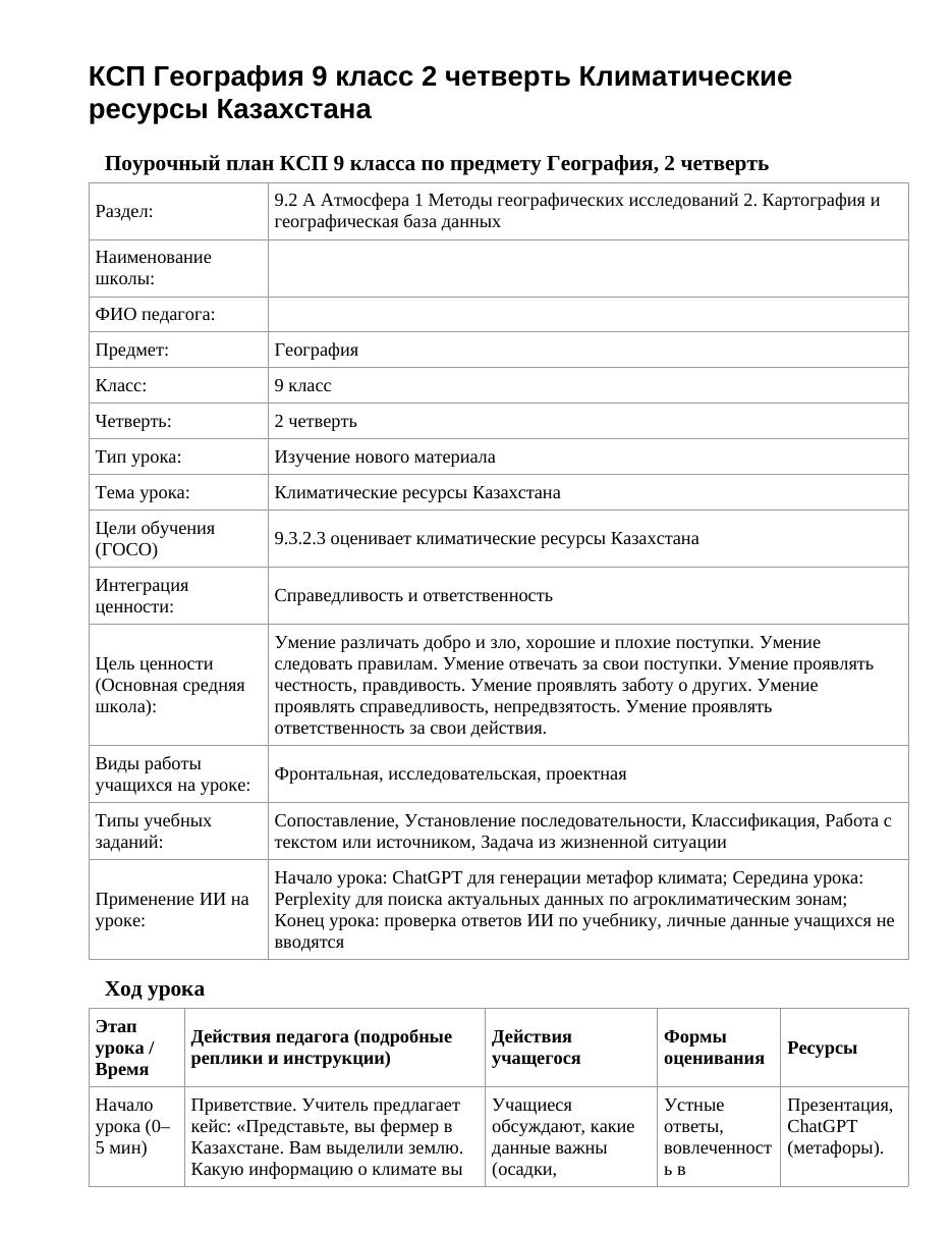 КСП География 9 класс 2 четверть Климатические ресурсы Казахстана