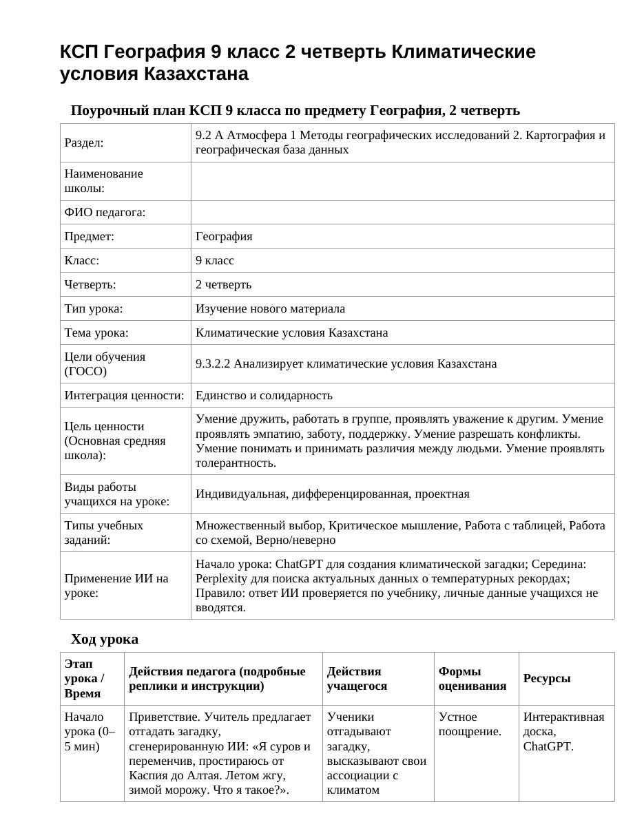 КСП География 9 класс 2 четверть Климатические условия Казахстана