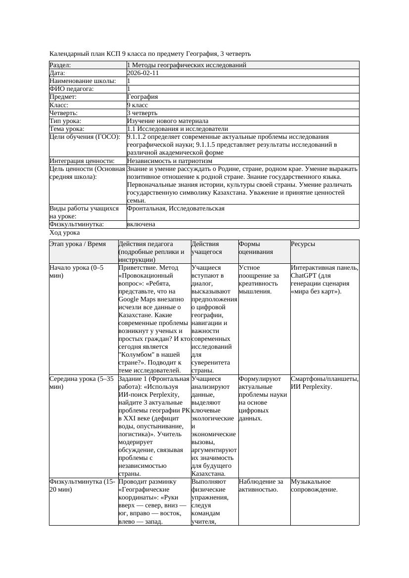 КСП География 9класс 3четверть 1 1 Исследования и исследователи