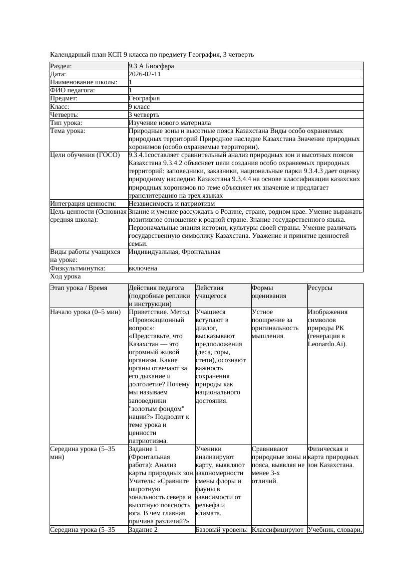 КСП География 9класс 3четверть Природные зоны и высотные пояса Казахстана