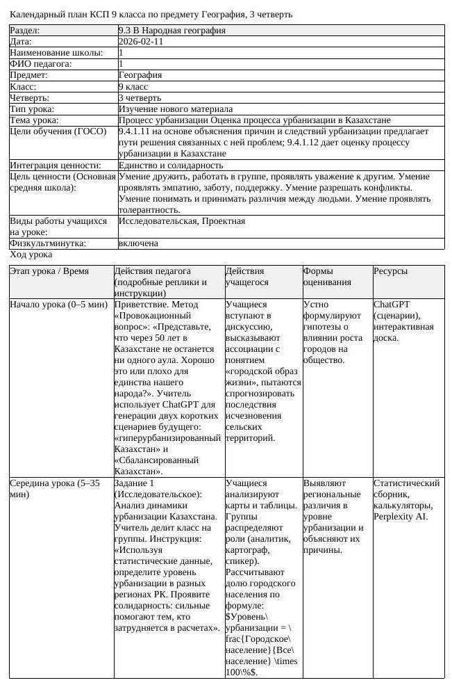 КСП География 9 класс 3 четверть Процесс урбанизации Оценка процесса