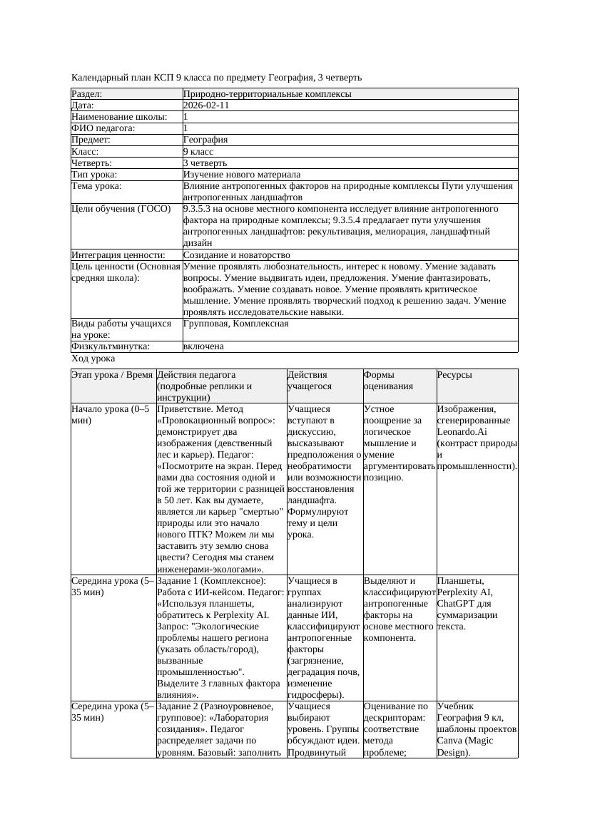 КСП География 9класс 3четверть Влияние антропогенных факторов на