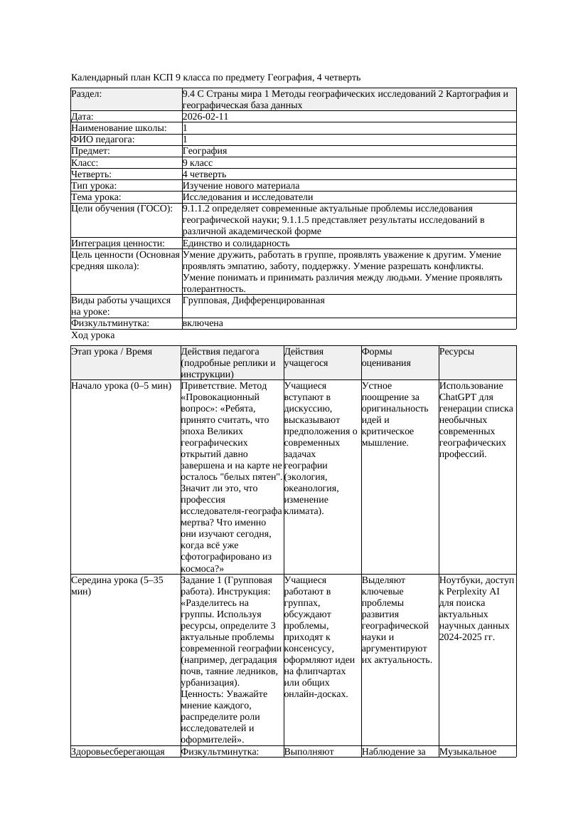 КСП География 9класс 4четверть 1Исследования и исследователи docx