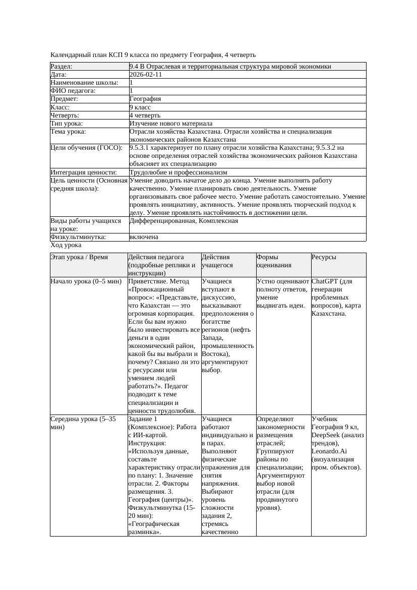 КСП География 9класс 4четверть Отрасли хозяйства Казахстана Отрасли
