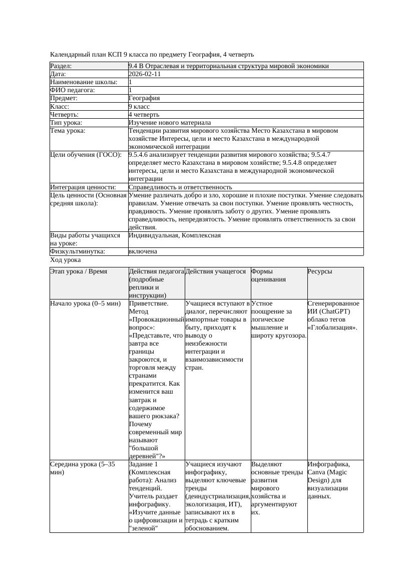 КСП География 9класс 4четверть Тенденции развития мирового хозяйства