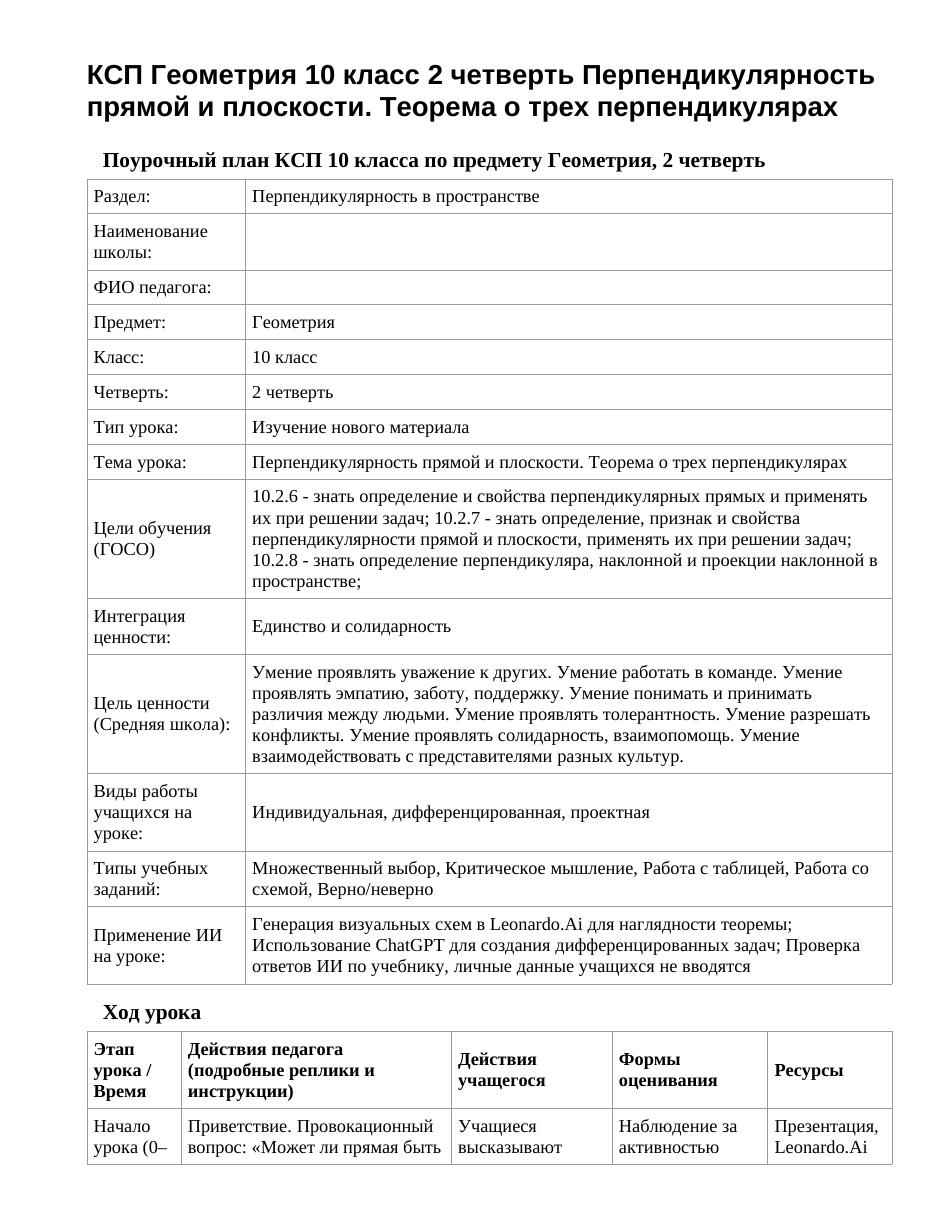 КСП Геометрия 10 класс 2 четверть Перпендикулярность прямой и плоскости. Теорема о трех перпендикулярах