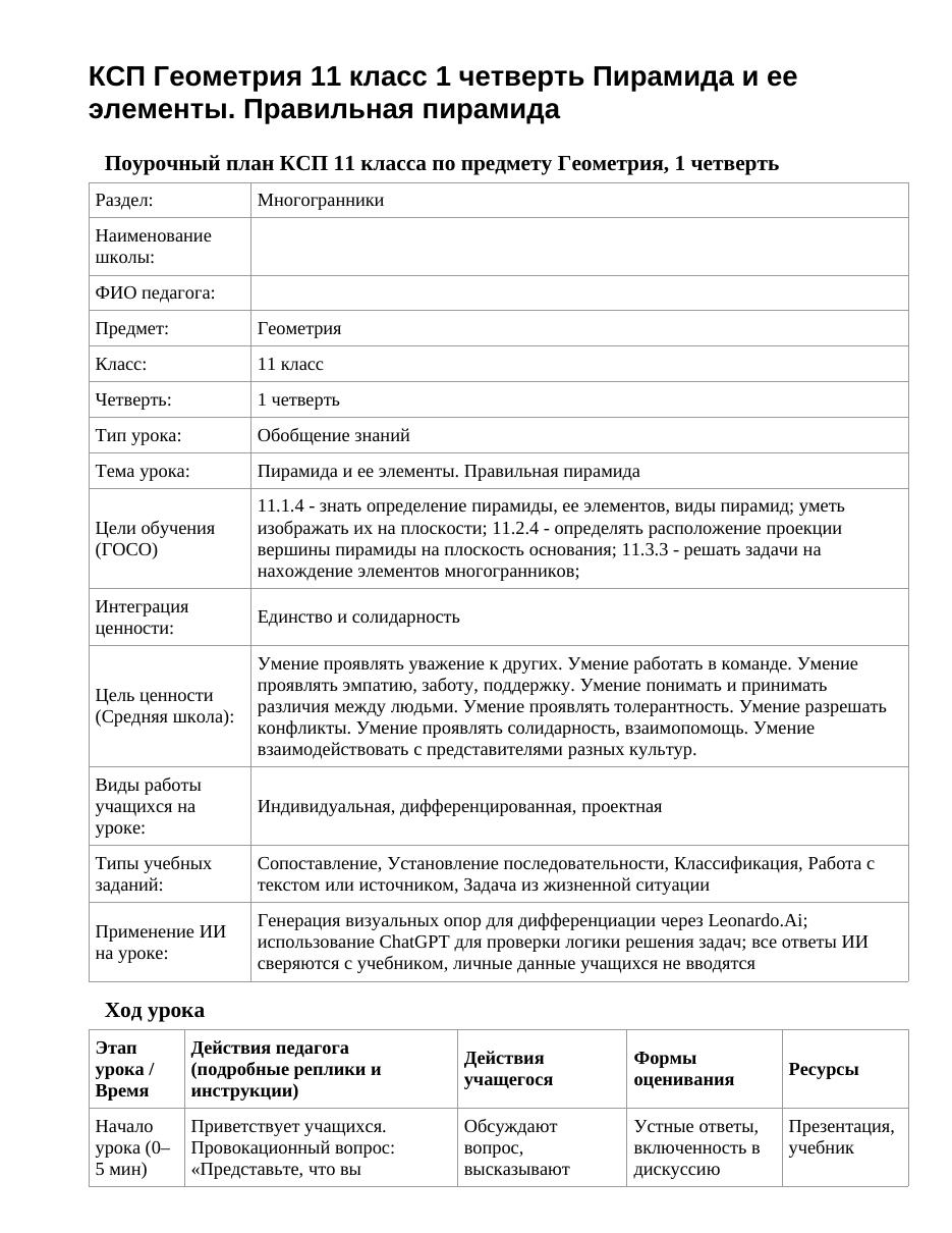 КСП Геометрия 11 класс 1 четверть Пирамида и ее элементы. Правильная пирамида