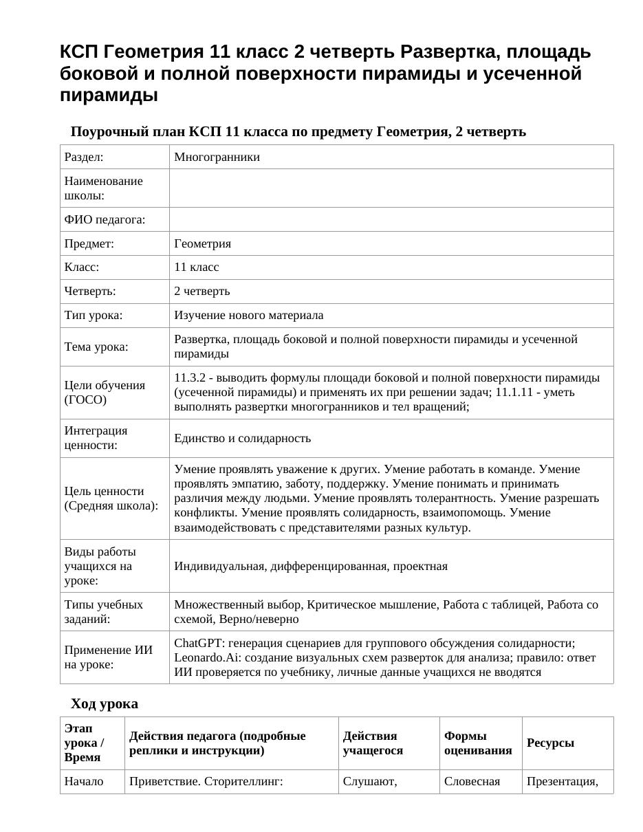 КСП Геометрия 11 класс 2 четверть Развертка, площадь боковой и полной поверхности пирамиды и усеченной пирамиды