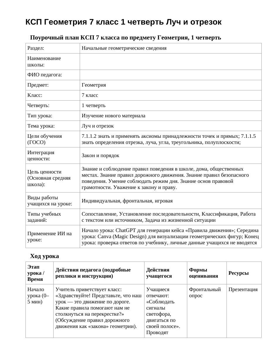 КСП Геометрия 7 класс 1 четверть Луч и отрезок