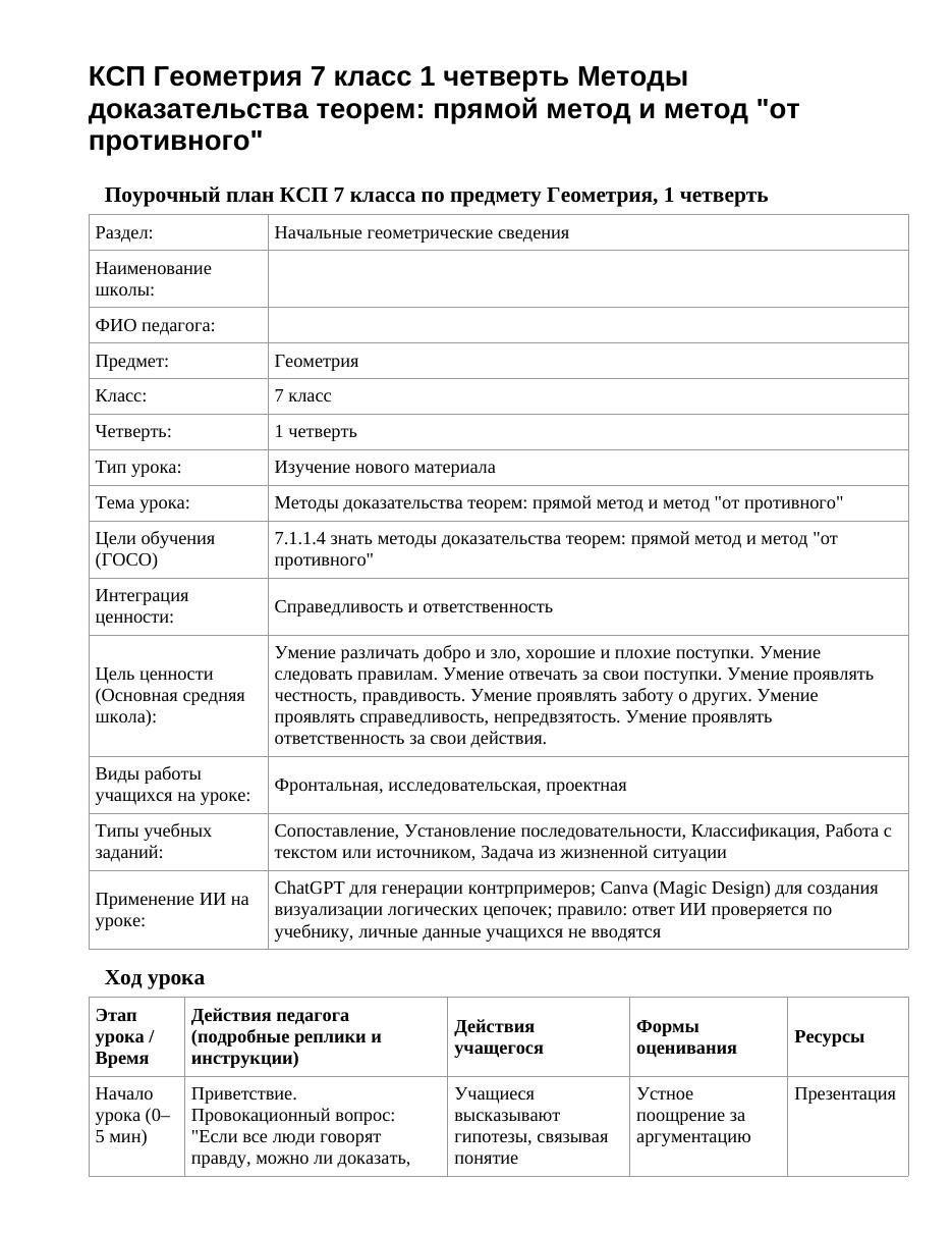 КСП Геометрия 7 класс 1 четверть Методы доказательства теорем: прямой метод и метод "от противного"