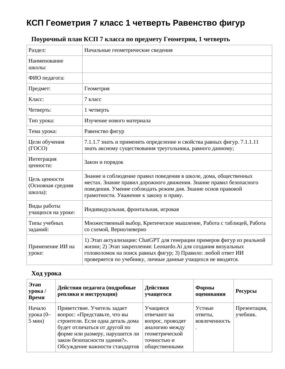 КСП Геометрия 7 класс 1 четверть Равенство фигур