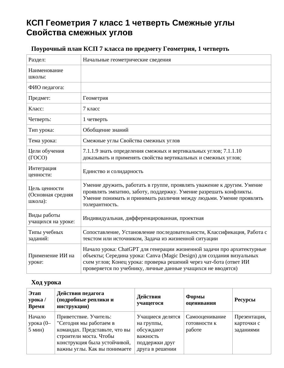 КСП Геометрия 7 класс 1 четверть Смежные углы Свойства смежных углов