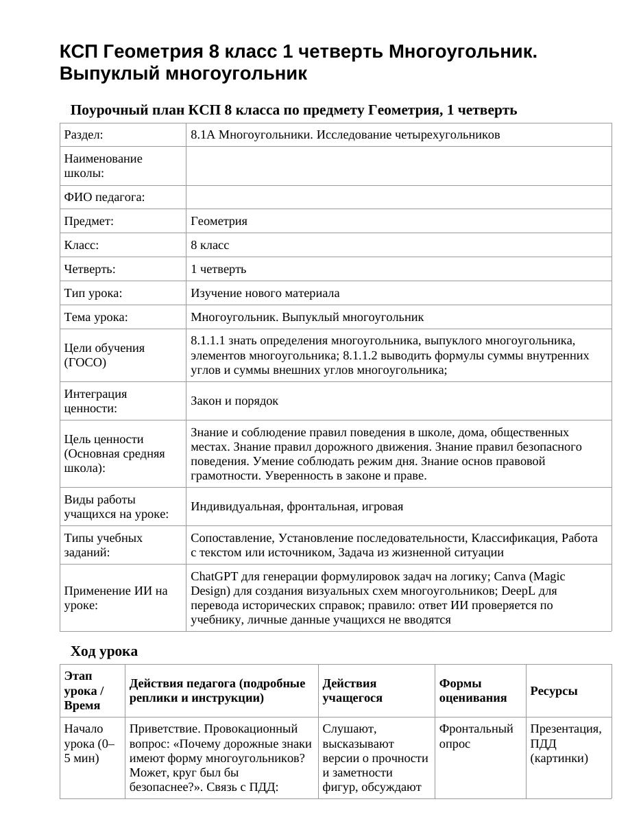 КСП Геометрия 8 класс 1 четверть Многоугольник. Выпуклый многоугольник