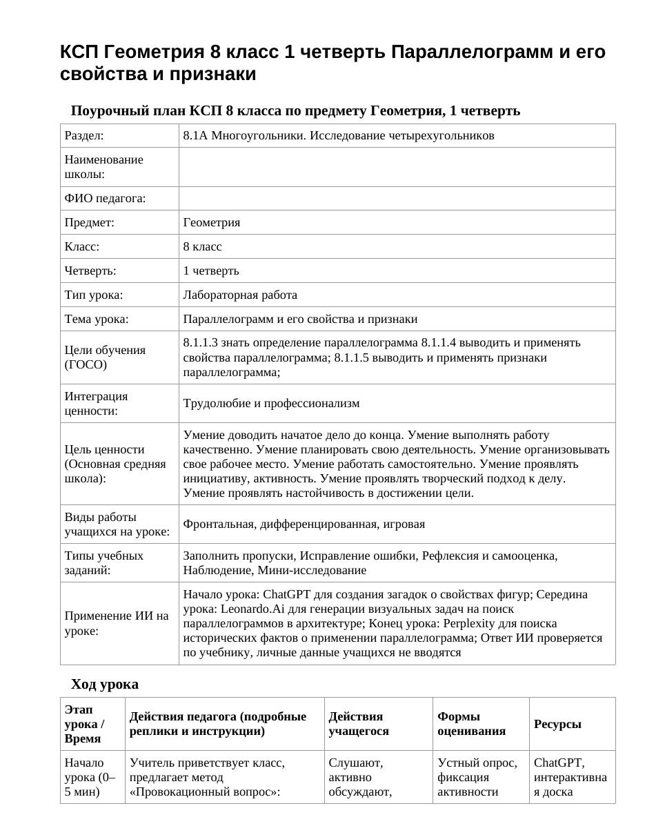 КСП Геометрия 8 класс 1 четверть Параллелограмм и его свойства и признаки