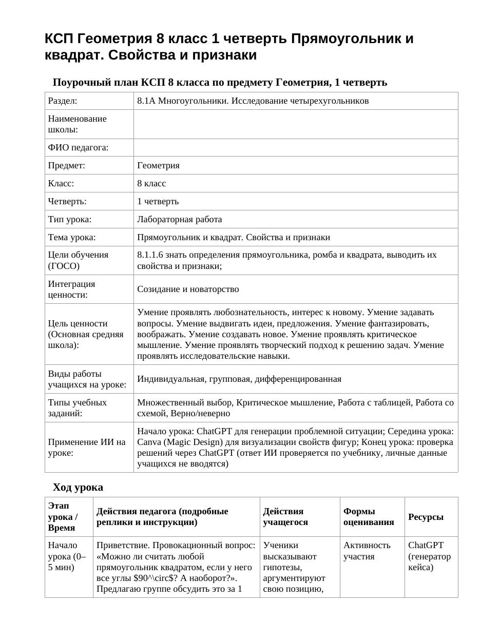 КСП Геометрия 8 класс 1 четверть Прямоугольник и квадрат. Свойства и признаки