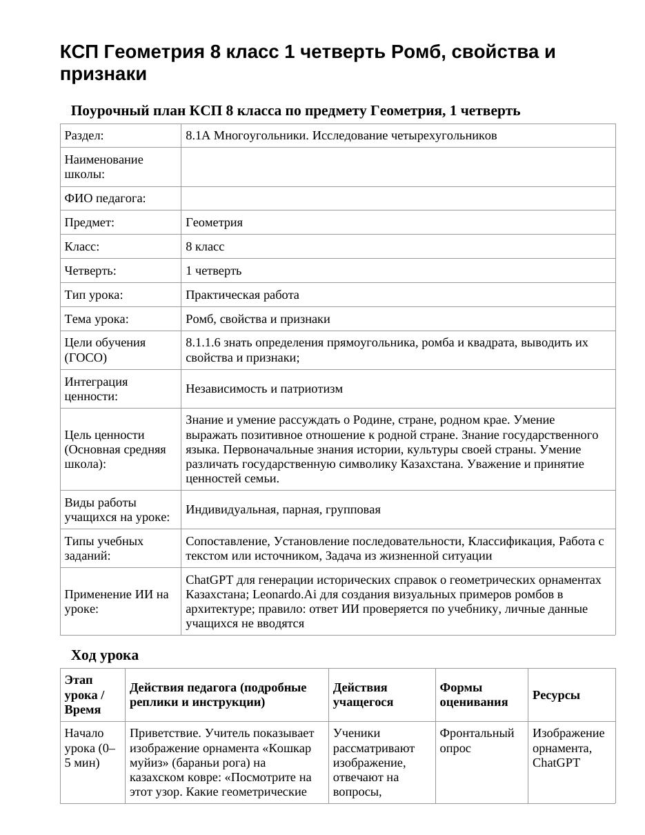 КСП Геометрия 8 класс 1 четверть Ромб, свойства и признаки