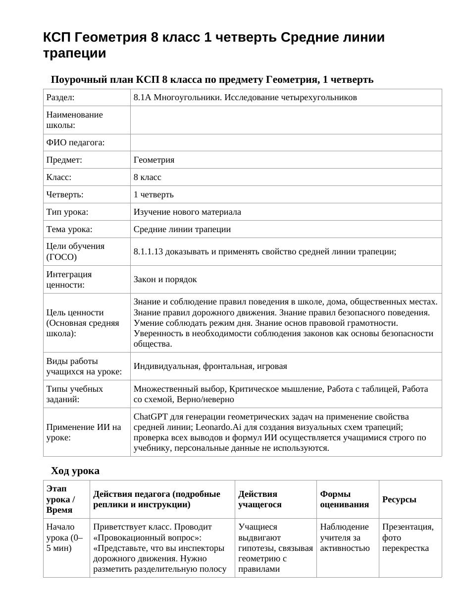 КСП Геометрия 8 класс 1 четверть Средние линии трапеции