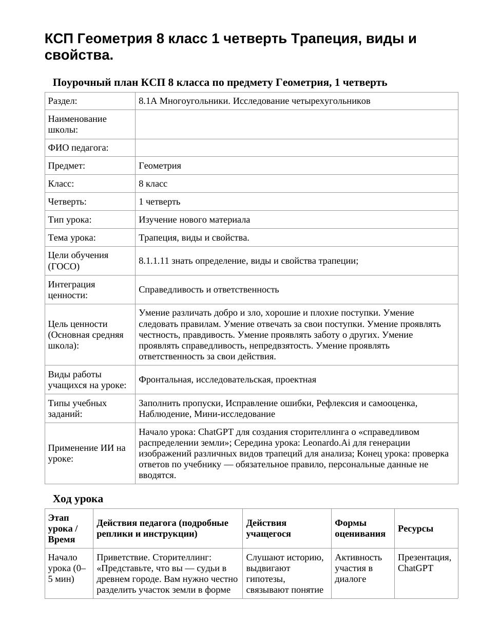 КСП Геометрия 8 класс 1 четверть Трапеция, виды и свойства.