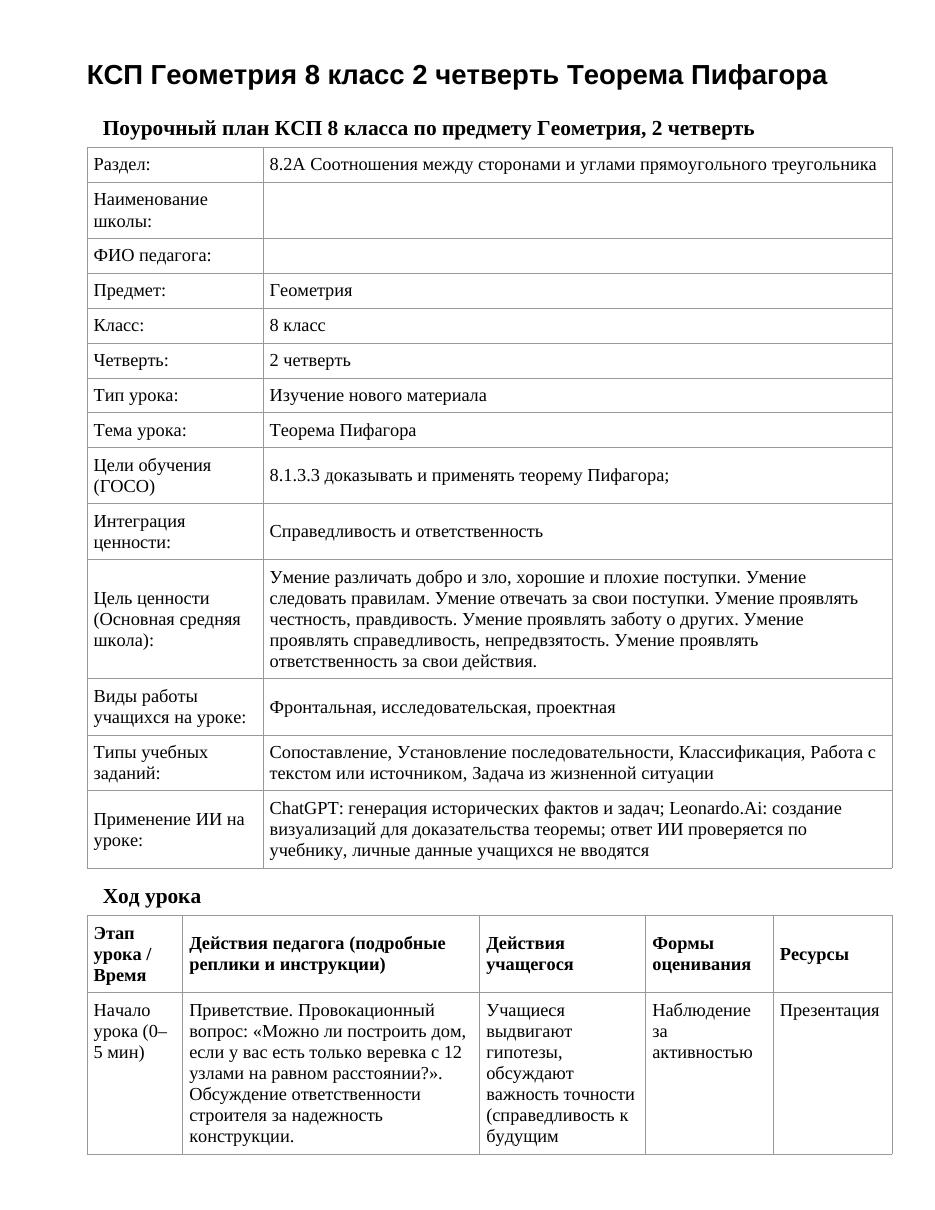КСП Геометрия 8 класс 2 четверть Теорема Пифагора