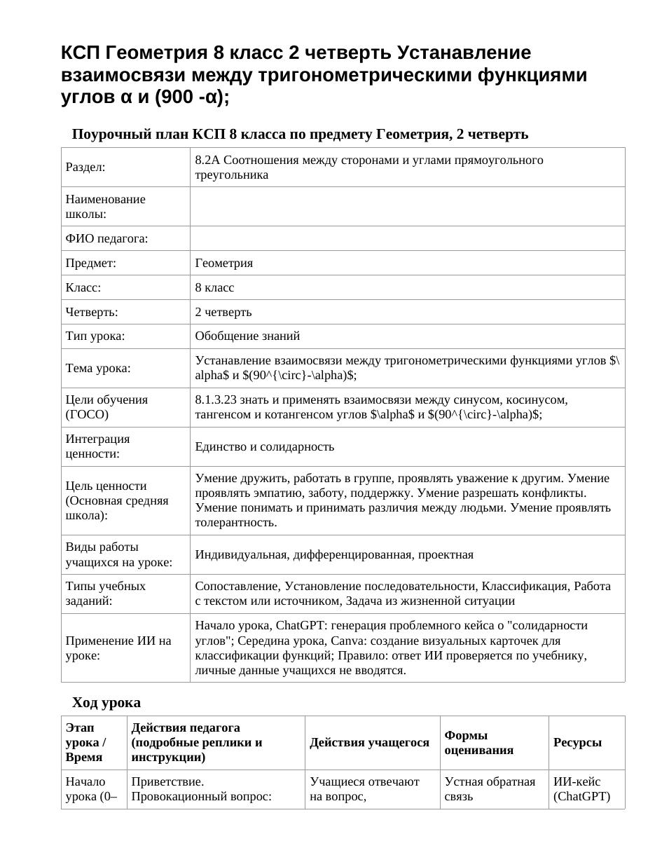 КСП Геометрия 8 класс 2 четверть Устанавление взаимосвязи между тригонометрическими функциями углов α и (900 -α);