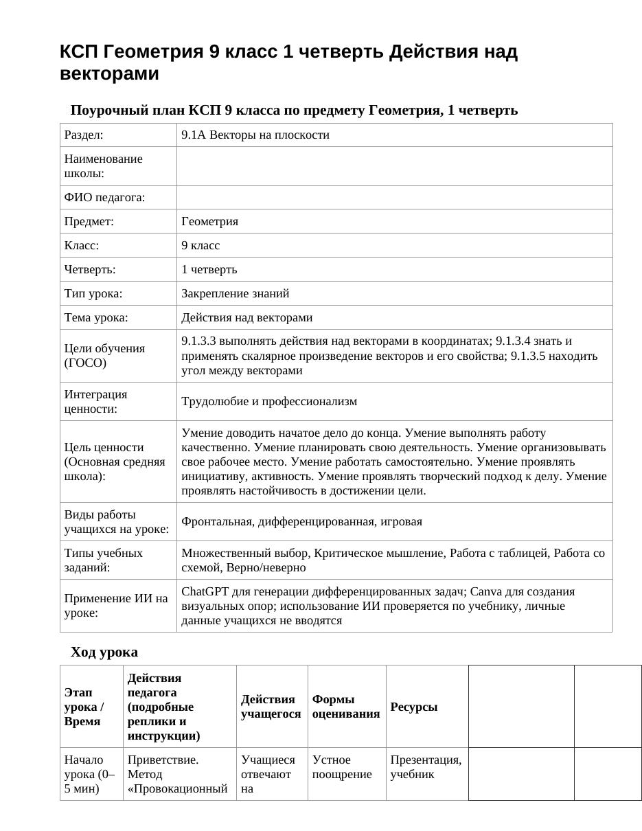 КСП Геометрия 9 класс 1 четверть Действия над векторами
