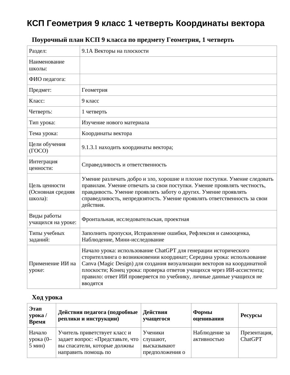 КСП Геометрия 9 класс 1 четверть Координаты вектора