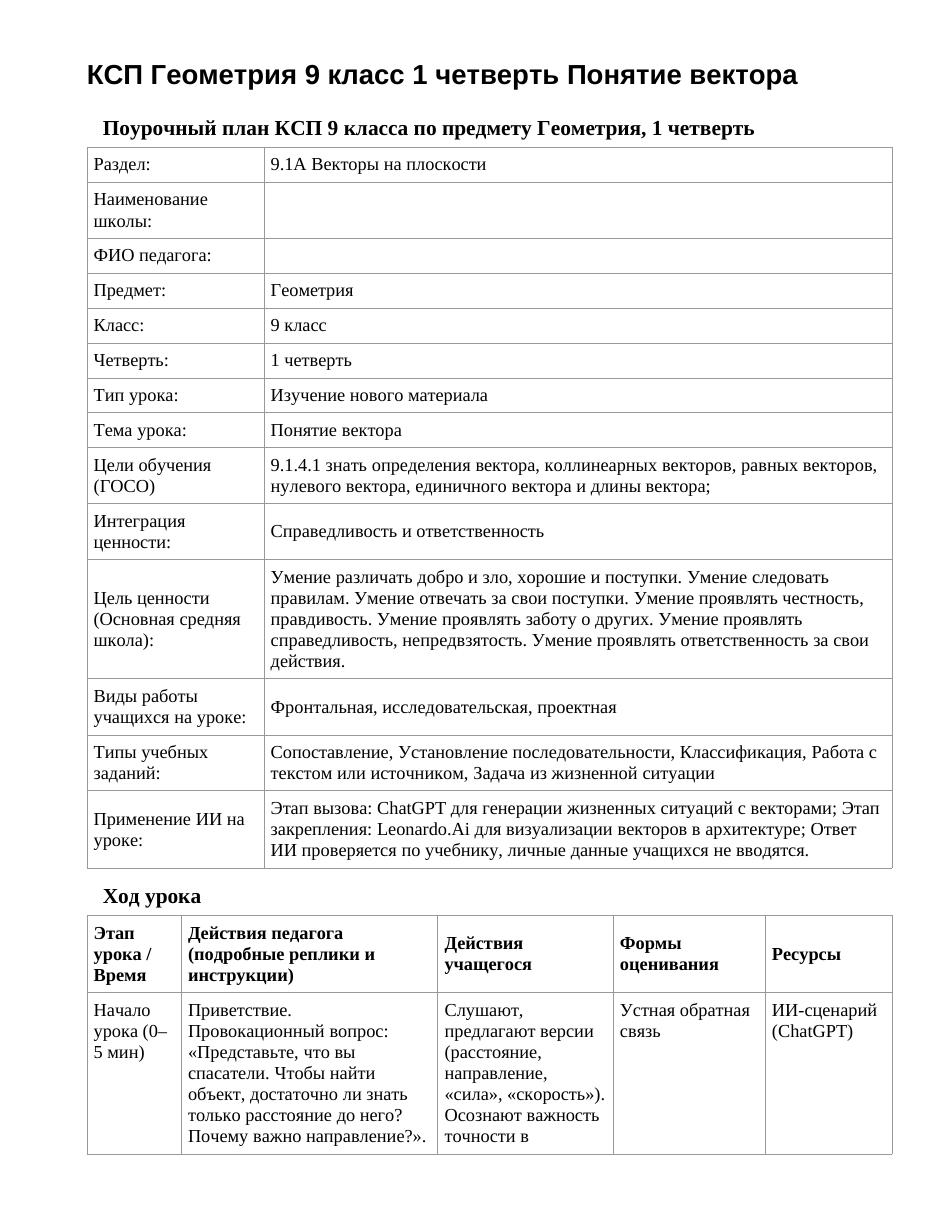 КСП Геометрия 9 класс 1 четверть Понятие вектора