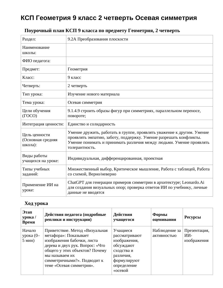 КСП Геометрия 9 класс 2 четверть Осевая симметрия