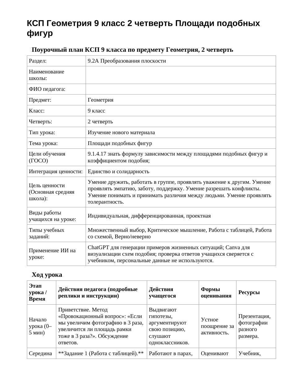 КСП Геометрия 9 класс 2 четверть Площади подобных фигур