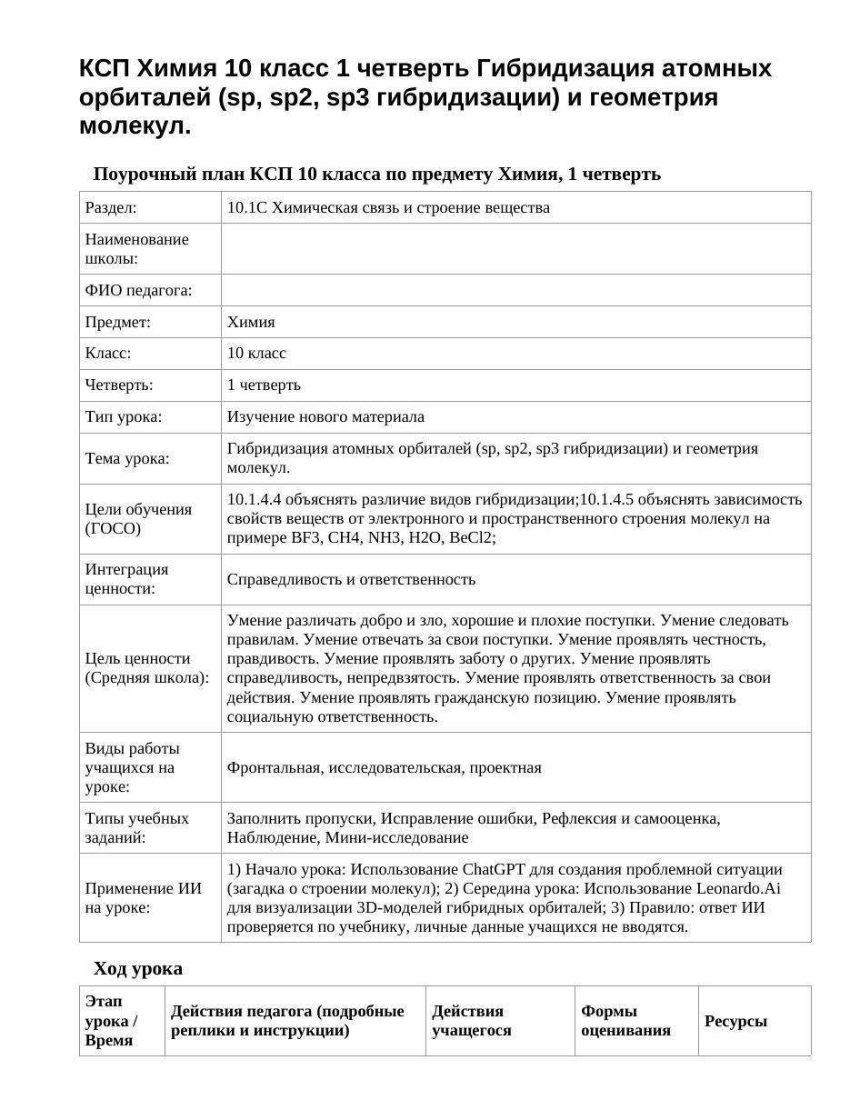 КСП Химия 10 класс 1 четверть Гибридизация атомных орбиталей (sp, sp2, sp3 гибридизации) и геометрия молекул.