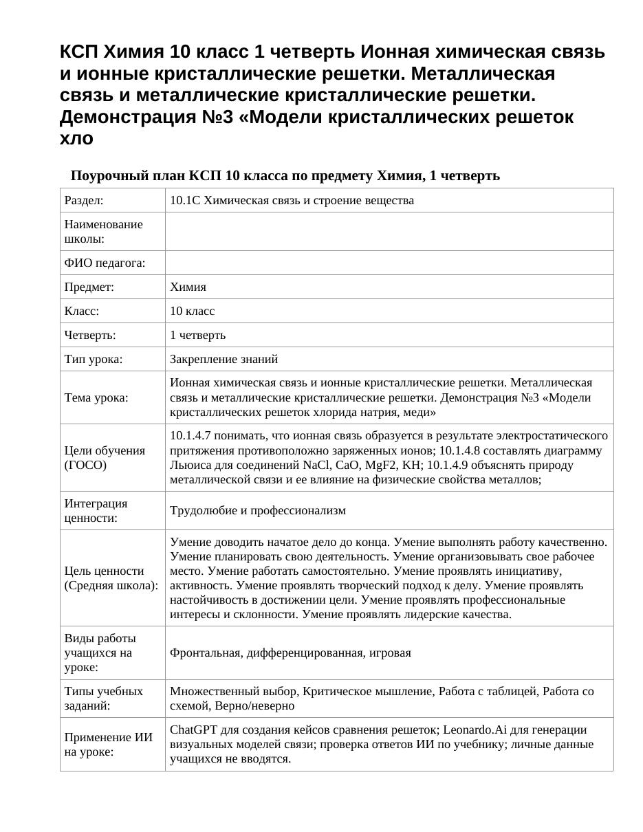 КСП Химия 10 класс 1 четверть Ионная химическая связь и ионные кристаллические решетки. Металлическая связь и металлические кристаллические решетки. Демонстрация №3 «Модели кристаллических решеток хло