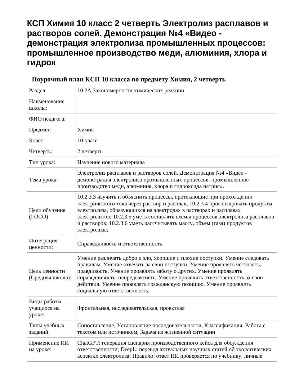КСП Химия 10 класс 2 четверть Электролиз расплавов и растворов солей. Демонстрация №4 «Видео - демонстрация электролиза промышленных процессов: промышленное производство меди, алюминия, хлора и гидрок