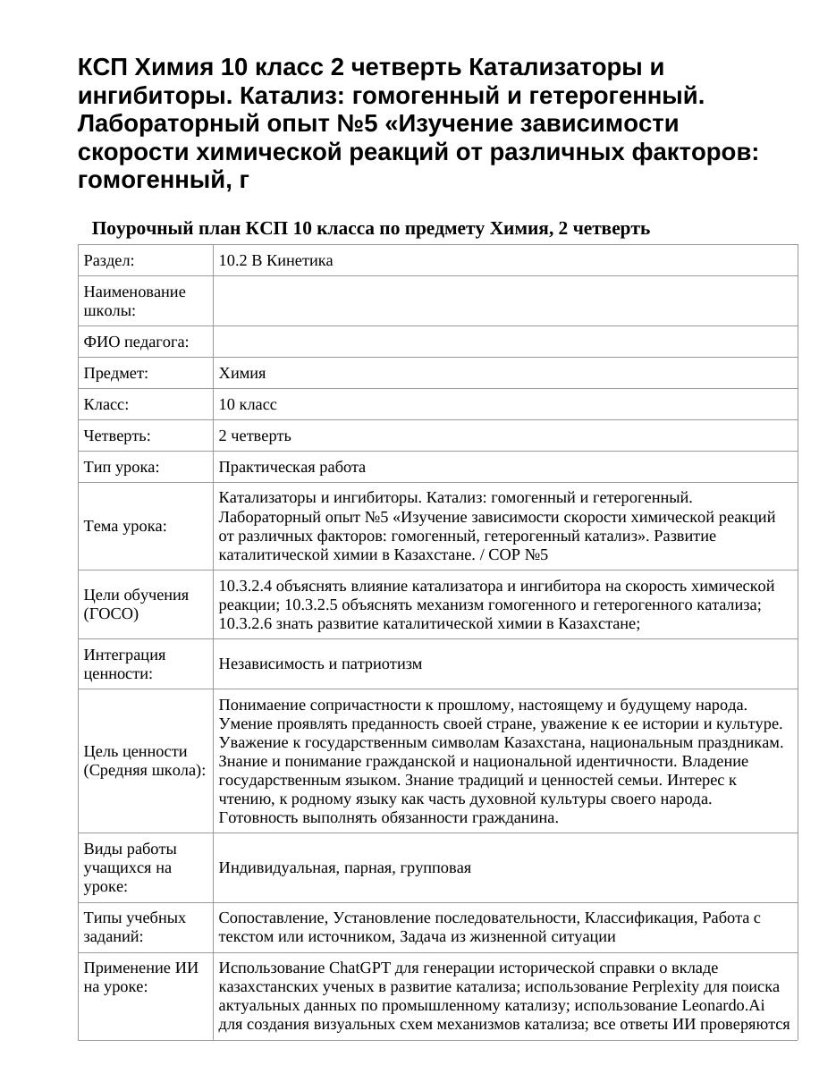 КСП Химия 10 класс 2 четверть Катализаторы и ингибиторы. Катализ: гомогенный и гетерогенный. Лабораторный опыт №5 «Изучение зависимости скорости химической реакций от различных факторов: гомогенный, г