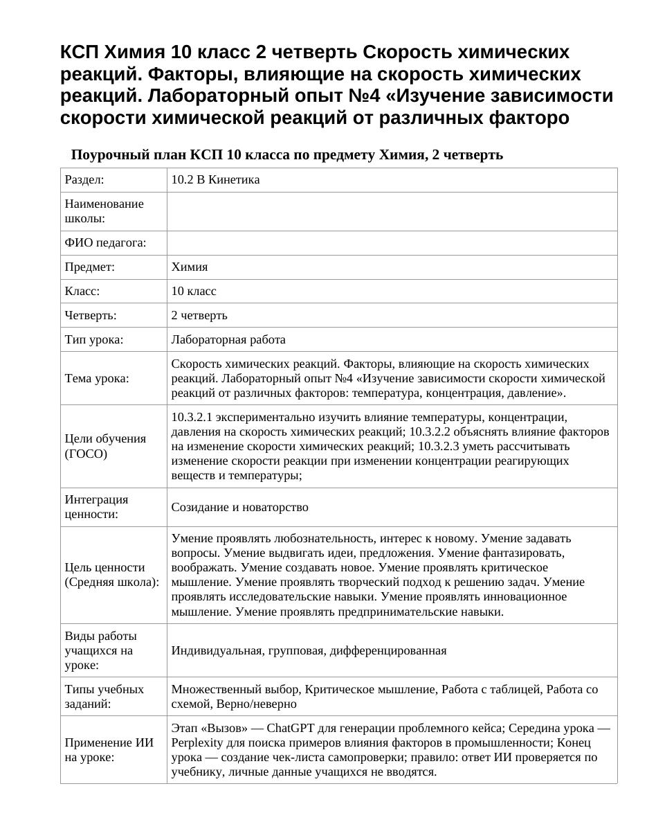 КСП Химия 10 класс 2 четверть Скорость химических реакций. Факторы, влияющие на скорость химических реакций. Лабораторный опыт №4 «Изучение зависимости скорости химической реакций от различных факторо