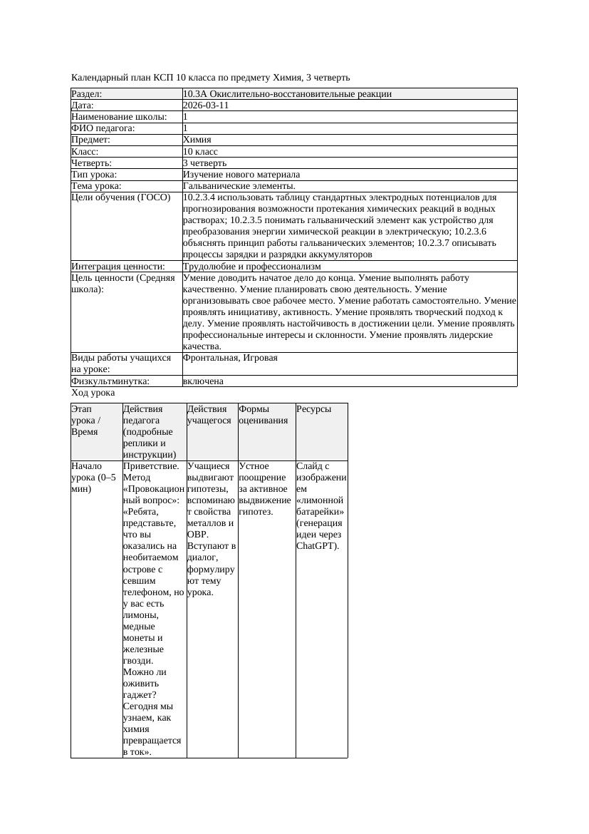 КСП Химия 10класс 3 четверть Гальванические элементы 20260311 docx