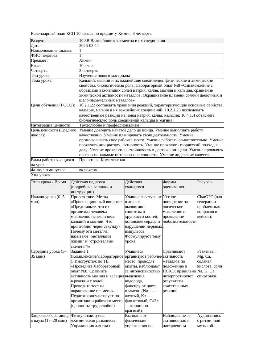 КСП Химия 10класс 3 четверть Кальций магний и их важнейшие соединения