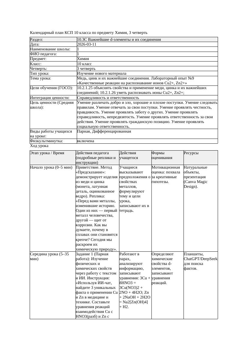 КСП Химия 10класс 3 четверть Медь цинк и их важнейшие соединения