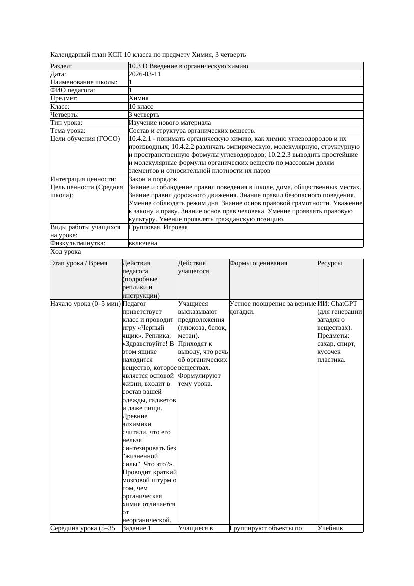 КСП Химия 10класс 3 четверть Состав и структура органических веществ